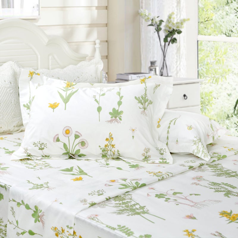 FADFAY Shabby Green Floral Sheet Set 100% Cotton Bed Sheet Set Green White Natural Hypoallergenic Bedding Set,4pcs-Queen - Image 5
